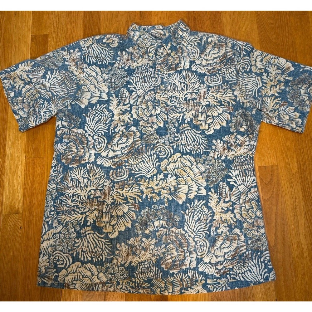 90's Reyn Spooner Shirt Men XL Blue Reverse Print Coral Hawaiian Pullover Aloha